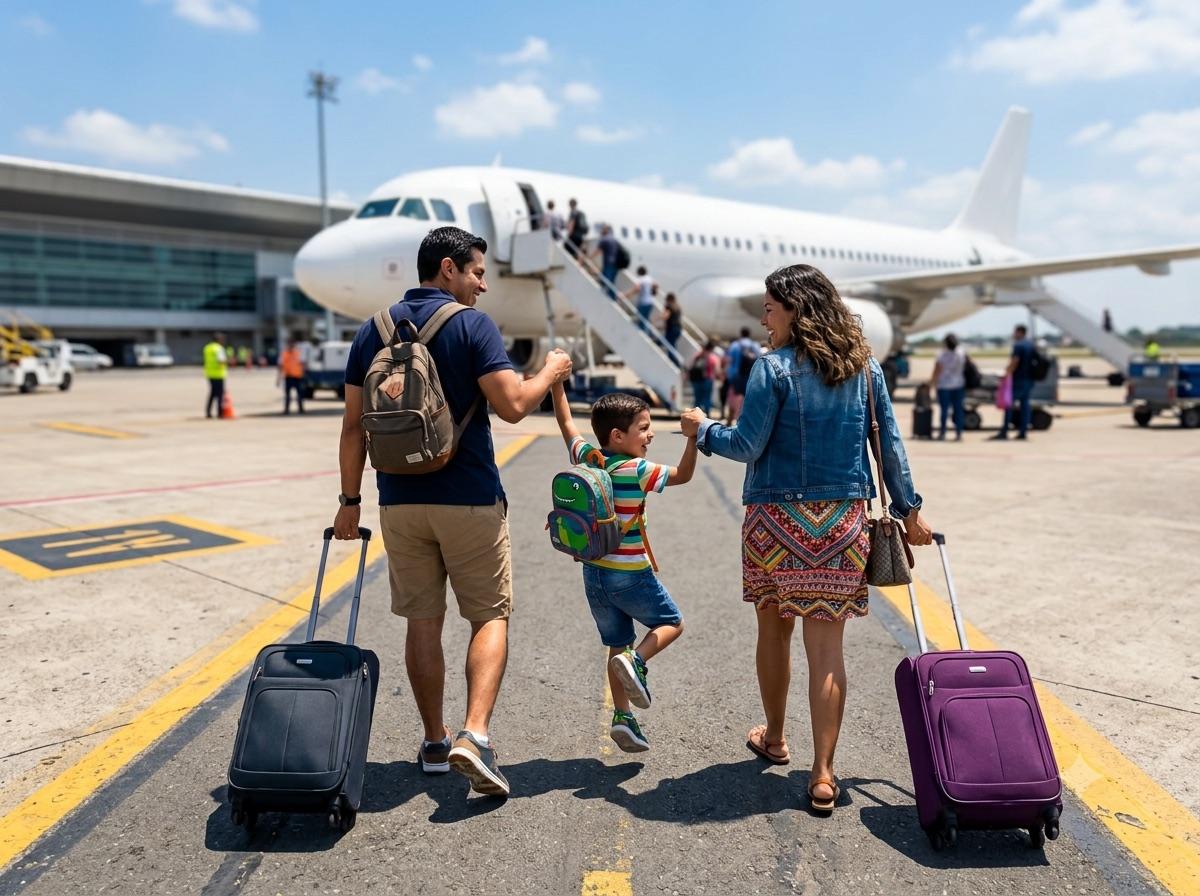 Familia con maletas caminando hacia un avión en la pista